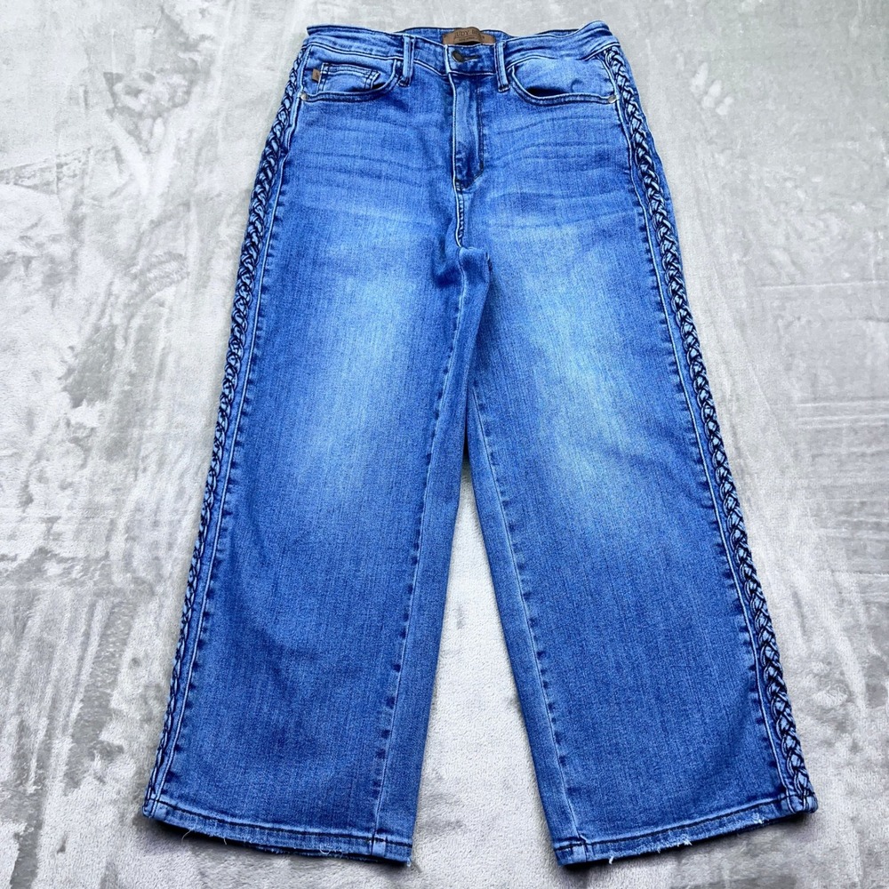 Judy Blue Medium Blue Cropped Wide-Leg Jeans with Side Braid